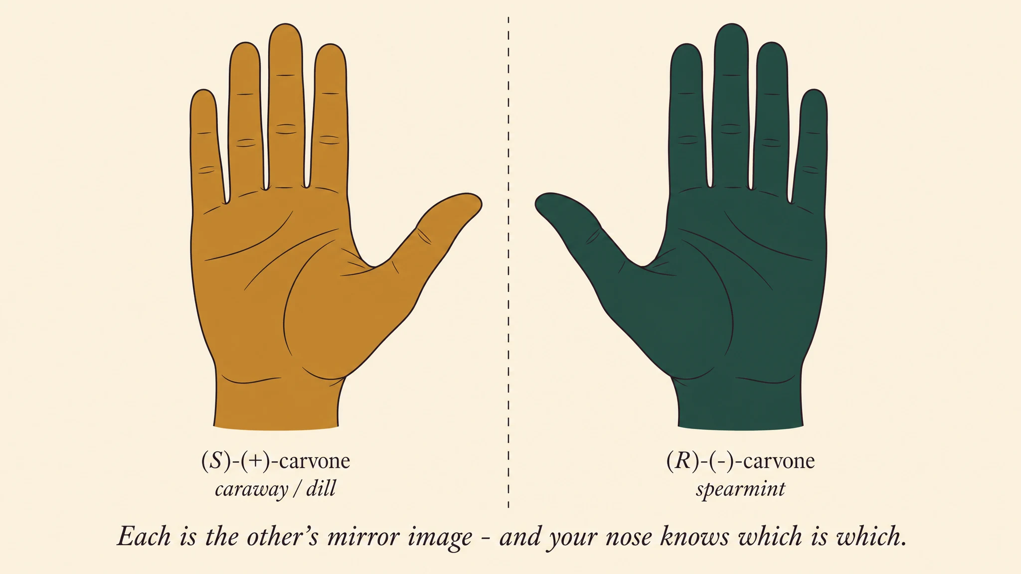 A left hand tinted ochre labeled (S)-(+)-carvone, caraway/dill, and a right hand tinted evergreen labeled (R)-(-)-carvone, spearmint - palms toward the viewer, thumbs meeting at a dashed mirror line, exact mirror images of each other. Annotation: each is the other's mirror image, and your nose knows which is which.