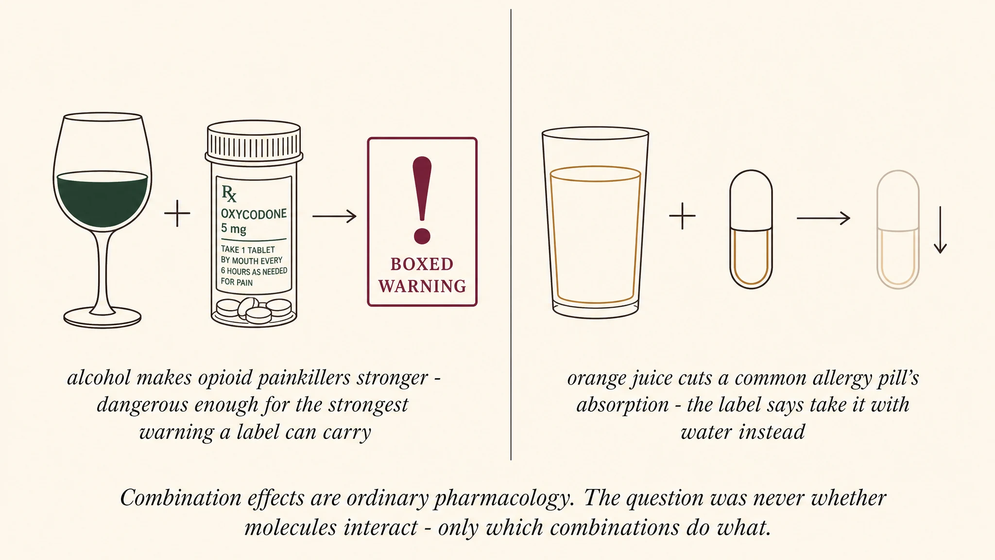 Two panels. Left: a wine glass plus a prescription oxycodone bottle leads to a boxed warning - alcohol makes opioid painkillers stronger. Right: a glass of orange juice plus an allergy capsule leads to the same capsule faded with a downward arrow - absorption reduced; the label says take it with water instead.