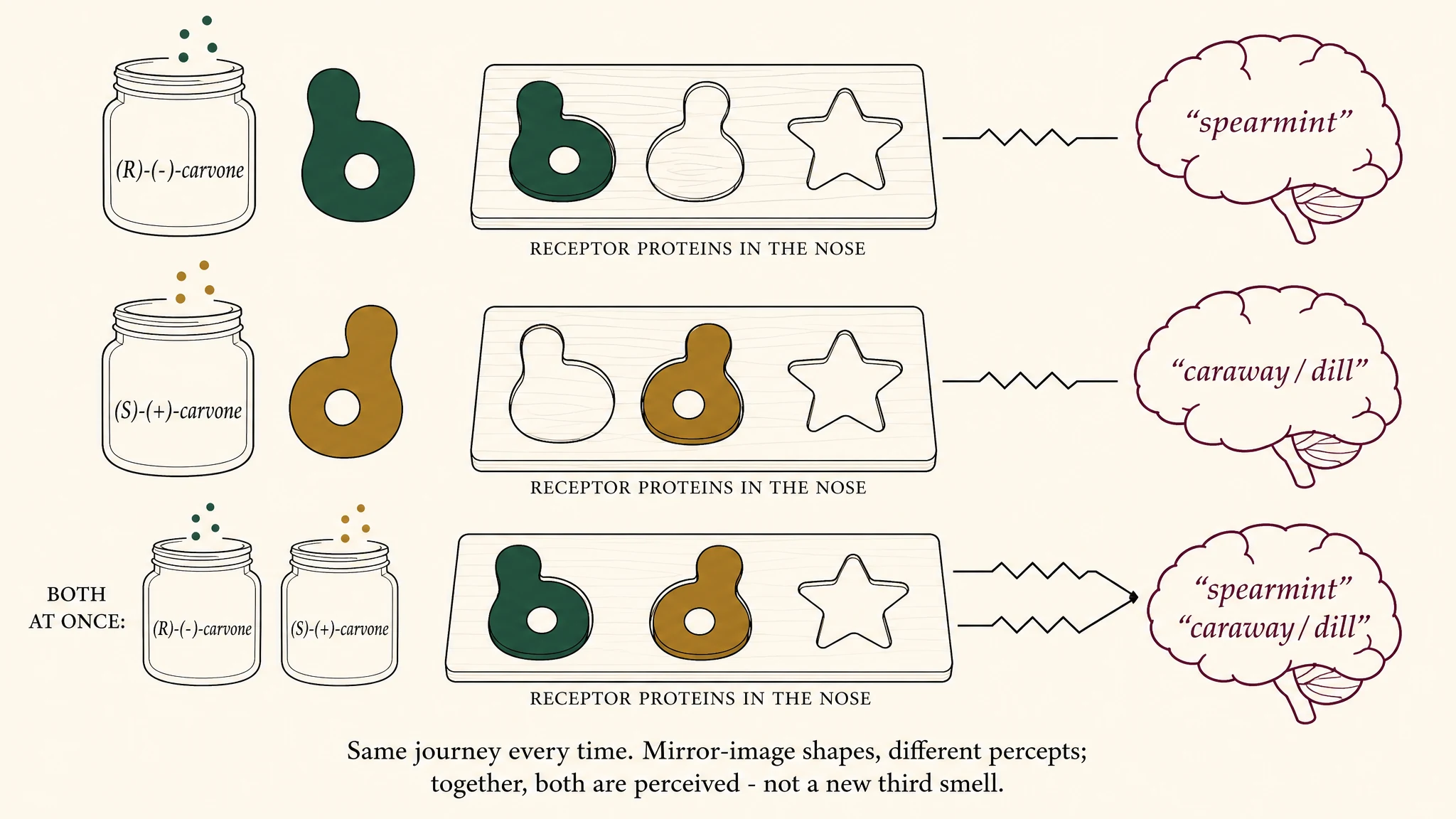 Three-lane diagram. (R)-(-)-carvone, drawn as a green puzzle piece, leaves its jar and snaps into the matching pocket on a receptor board; a signal reaches the brain, which reads spearmint. (S)-(+)-carvone, the same piece mirror-flipped in ochre, fits only its own mirrored pocket, and the brain reads caraway/dill. Smelled together, each piece fits its own pocket and the brain reads both words at once - spearmint plus caraway/dill - not a new third smell.