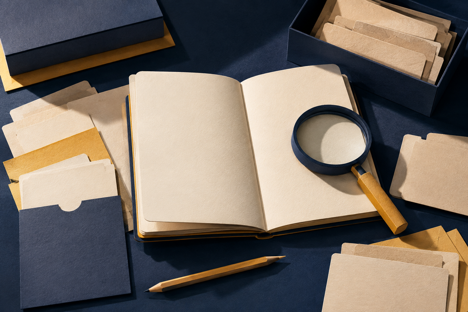 Illustration of an open casebook, archival folders, pencil, and magnifying glass